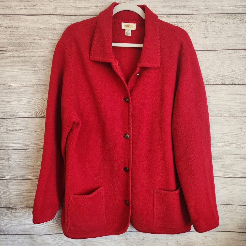 Talbots Ribbed Winter Coat Red Big Button Wool Blend Size XL